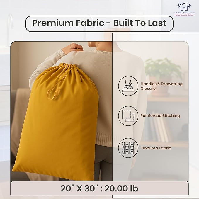 LFH Home Large Premium Cotton Canvas Laundry Bag with Drawstring and Handles Heavy Duty, Multi-Use, and Washable for Home, Travel, College or Storage 20x30 (Pack of 6)-Yellow