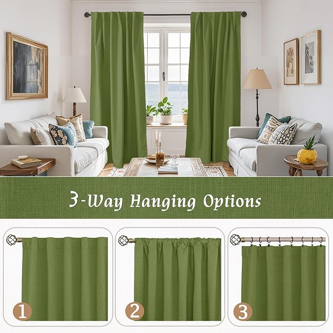 LAMIT Full Blackout Linen Curtains for Small Window, 54 Inches Thermal Bedroom Drapes Back Tab and Rod Pocket Privacy Protected Panels with White Liner, 2 Panels, 52 x 54 Inch, Olive Green