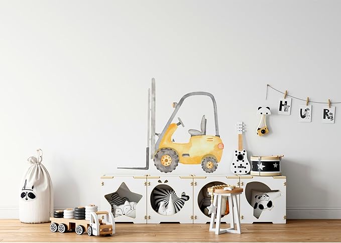 Construction Forklift Wall Decal for Boys Room, Lift Truck Construction Eqipment Peel Stick Removable Fabric Wall Sticker, Nursery or Playroom Decor, Repositionable (16 inch: 14" Tall x 16" Wide)