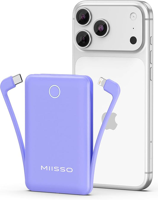 miisso 10000mAh Mini Portable Charger with Built in Cable, Pocket Size Power Bank Travel External Battery Pack for Phone, 3 Output USB Type C Cord Clutch Compatible with iPhone, Samsung, Purple
