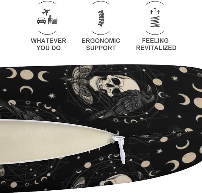 Breathable Travel Pillow Black Raven Moon Skull Art Memory Foam Chin Support, Removable Washable Cover for Airplane Car Office Sleeping