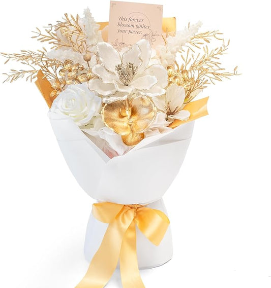 TINGE TIME Preserved Flowers Bouquet, Christmas Faux Rose Bouquets Platinum, Artificial Flowers Poinsettia Faux Flowers, for Christmas Centerpiece Table Home Holiday Party(White & Gold)