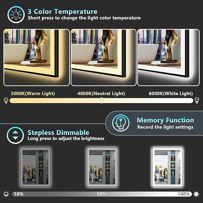 36x36 Black Framed LED Bathroom Mirror with Lights, Backlit & Front Lit, Anti-Fog Lighted Vanity Mirrors for Bathroom Wall, Dimmable, 3 Colors, Memory, Shatter-Proof, Tempered Glass, CRI＞90