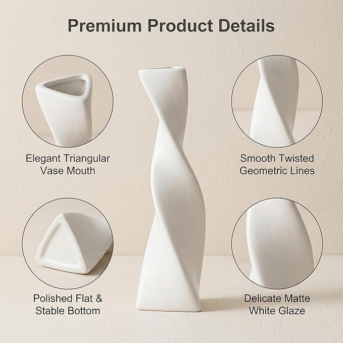 Bud Vase Small Ceramic Bud Vase Single Flower Stem Vase for Modern Home Decor for Centerpieces Twist Minimalism Style Vase Home Decorative Floral Centerpiece for Wedding and Office (White)