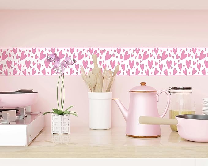 FLFK Pink Heart Wallpaper Border - Peel and Stick Wall Paper, Self Adhesive Removable PVC Borders Sticker, Modern Waterproof Trim for Home Decor, 5" x 240"