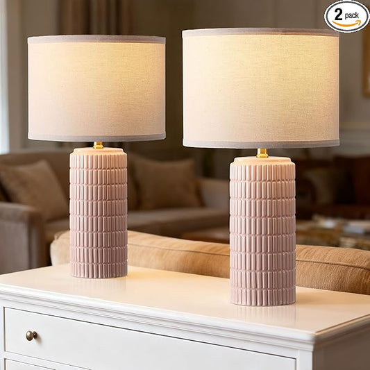 Modern Ceramic Table Lamp Set of 2, Bedside Lamp for Bedroom Decor, Nightstand Lamp with 3 Color Temperatures, Desk Light for Living Room Dorm Office, Pink