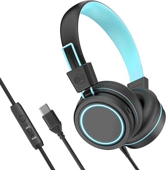 MEE audio KidJamz KJ55 USB-C Headphones for Kids w/LED Lights, Volume Limiter, Microphone On-Ear Wired Children's Headset for iPhone 15/16/17, iPad, Other USB Type C Devices (Plain Black)