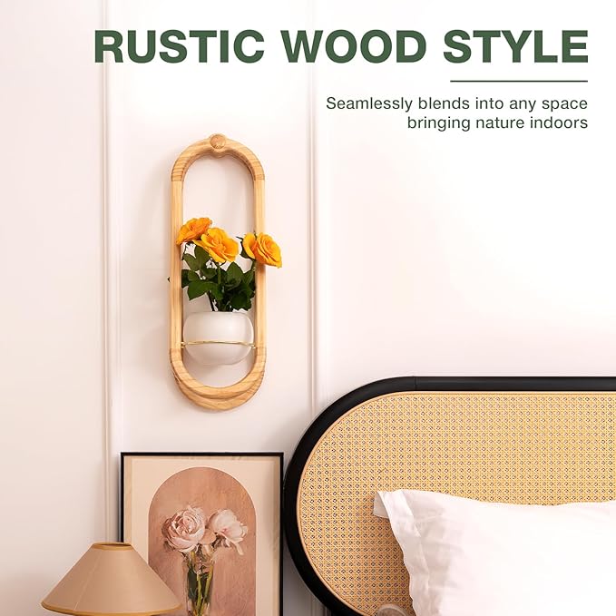 Wooden Wall Planters for Indoor with Ceramic Pot - Modern Hanging Plant stand Shelf for Indoor Plants, Wall Mounted Plant Holder for Living Room, Bedroom, Wall Decor - Raw Wood Color (Set of 1)