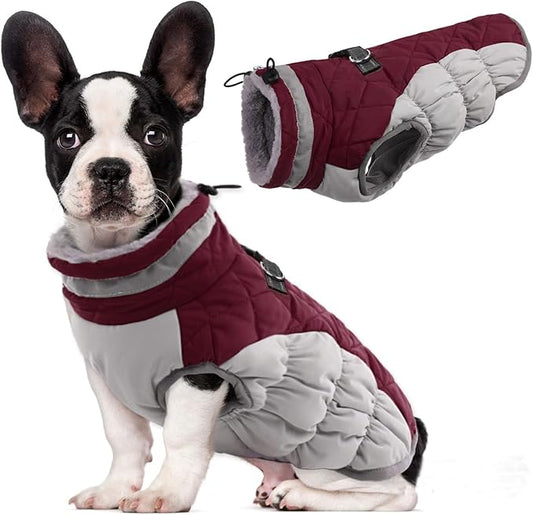 Lelepet Dog Coat Warm Dog Winter Coat Waterproof Dogs Jacket with Harness Built in Reflective Pet Fleece Vest Zip-Up Cold Weather Coats for Medium Dogs Turtleneck Windproof Coats Dachshund Wine Red M