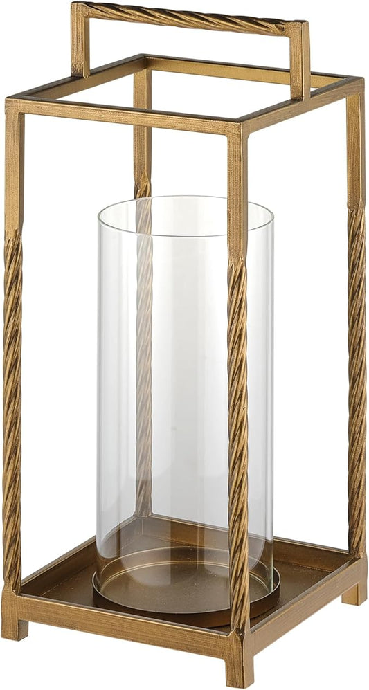 16" Modern Metal Lantern with Twisted Rope-Style Frame in Antique Brass with Glass Hurricane for Pillars, String Light. Centerpiece, Mantel, Ambient Lighting, Farmhouse, Transitional, Patio, Entryway