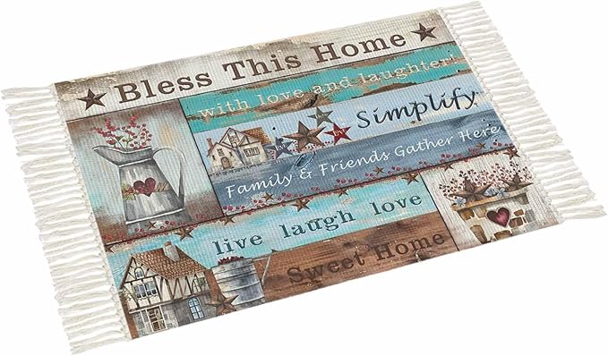 Turquoise Blue Brown Entryway Rug 2X3 Ft Bathroom Mat, Washable Woven Vintage Barn Rustic Cabin Throw Carpet with Tassel, Non-Shedding Country Star Farm Wooden Plank Indoor Outdoor Kitchen Doormats