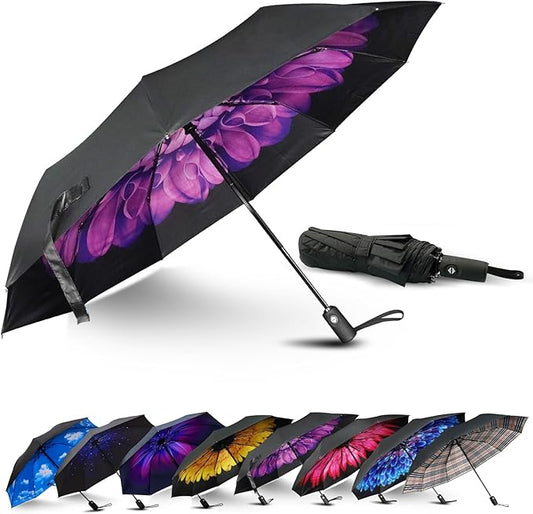 LLanxiry Compact Travel Umbrella, Automatic Open/Close Windproof Umbrella, 10 Fiberglass Ribs, 210T Pongee, UPF 50+ Sun/Rain, Lightweight Portable Umbrellas Travel Size with Carry Sleeve