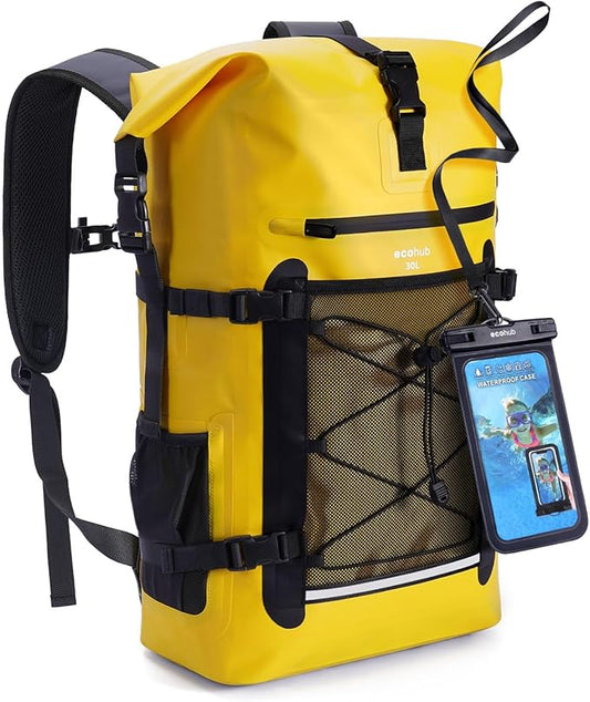 ECOHUB Waterproof Backpack for Women Men, 30L Roll-Top Closure Heavy Duty Dry Bag for Travel with IPX8 Waterproof Phone Case