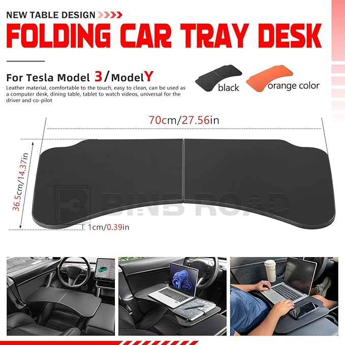 BINB ROAD Car Folding Tray Table Leather Compatible with Tesla Model 3 Y – Multi-Use Dining Tray & Laptop Stand, Fits Front Driver & Passenger Seats,Black