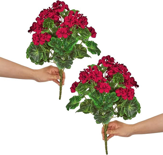 QIANYUN 2Pcs 19'' Realistic Artificial Geranium, Uv Resistant, Wedding Kitchen Garden Table Centerpieces Indoor Outdoor Decor (Red Geranium Flower)