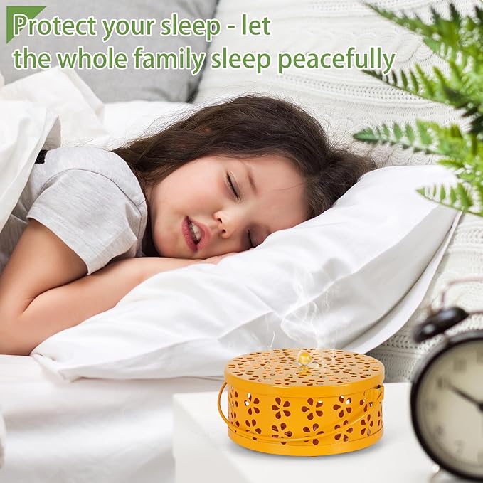 Portable Iron Mosquito Coil Holder with Handle Round Heat-Resistant Incense Holder (2 Pack Yellow)
