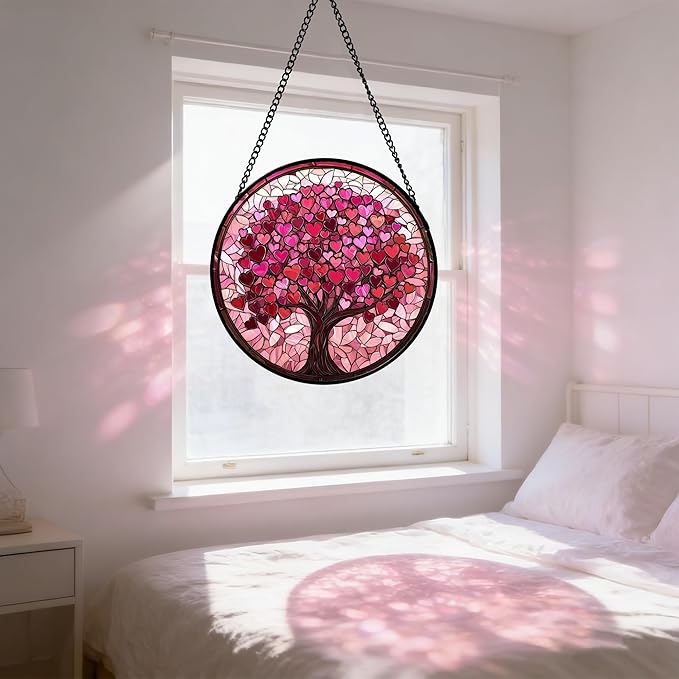 DASTOLL Stained Glass Window Hanging, Pink Love Tree of Life Sun Catchers Colorful Glass Panel Suncatcher Decor for Birthday for Women, Men, Wife, Lovers, and Mom 9.8 in