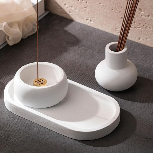 Concrete Incense Burner Set with Holder and Tray,Multifunction Incense Holder for Burning Sage,Palo Santo,Incense Sticks,Ideal for Meditation Home Decor(White)