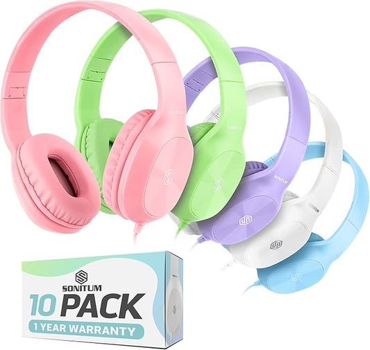 Classroom Headphones-Bulk 10-Pack, Student On Ear Comfy Swivel Earphones for Library, School, Airplane, Kids-for Online Learning and Travel, HQ Stereo Sound 3.5mm Jack (Mixed Colors)