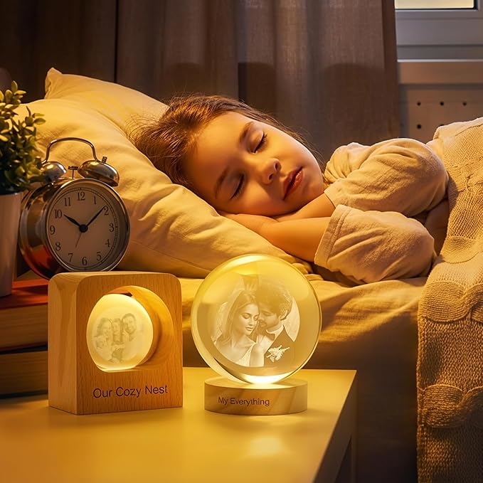 Custom 3D Crystal Photo Night Light Personalized Photo Crystal Ball Engraved Picture Lamp with Wood Base Memorial Gift for Pets Family Couple Birthday Valentine's Day (Style 3)
