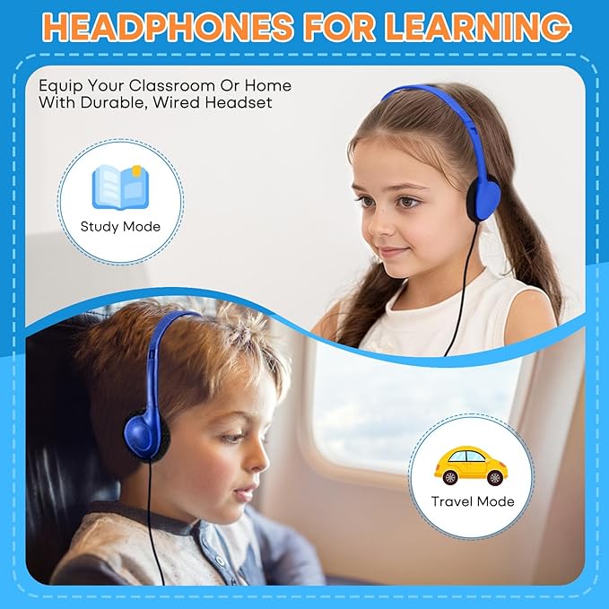 Kids Headphones Bulk 12 Pack for School Classroom Student Children Toddler Boys Girls Teen and Adults, Wholesale Wired Computer Earphones Class Set for Library Museums Airplane (HY857,12 Blue)