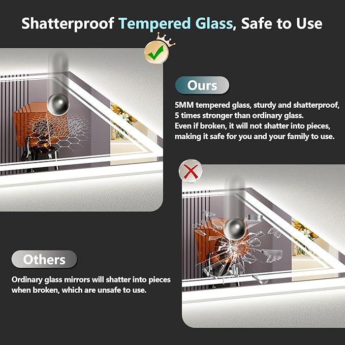 48x36 LED Bathroom Mirror with Lights, Backlit & Front Lit, Anti-Fog Frameless Lighted Vanity Mirrors for Bathroom Wall, Dimmable, 3-Color Light, Memory, Shatter-Proof, Tempered Glass, CRI＞90