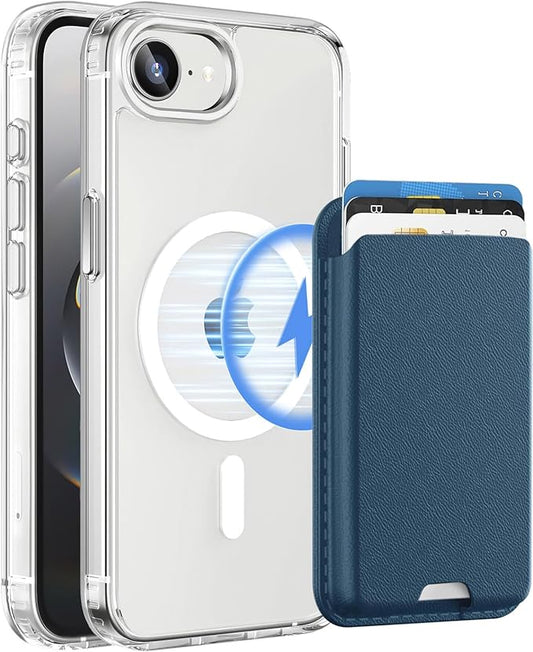 Ntwinro Magnetic for iPhone 16e Clear Case (Compatible with MagSafe) with Blue Detachable Wallet & Card Holder for 3 Cards [RFID Blocking] Military Grade Protective Slim Phone Cover