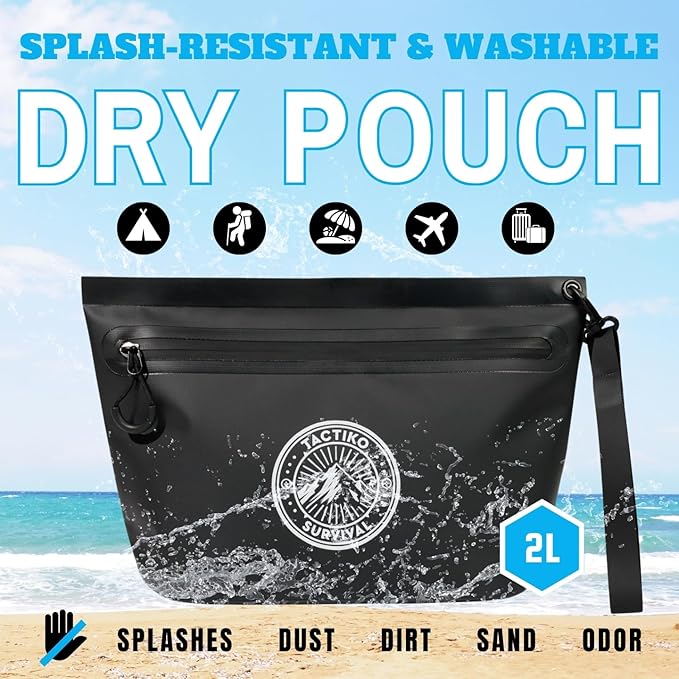Tactiko 3L Water Resistant Pouch - Waterproof Material w/Splashproof Zipper - Hold All Zipper Bag for Storage, Toiletries, Travel, Beach, Cruise, Home (Black)