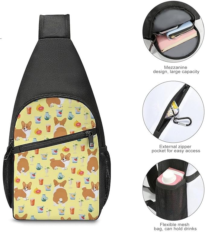 SWEET TANG Polyester Shoulder Sling Bag Multipurpose Casual Sport Daypack Unbalance Backpack with Small Pocket and Smooth Zipper, Shiba Inu Yellow Print Dog And Beverage