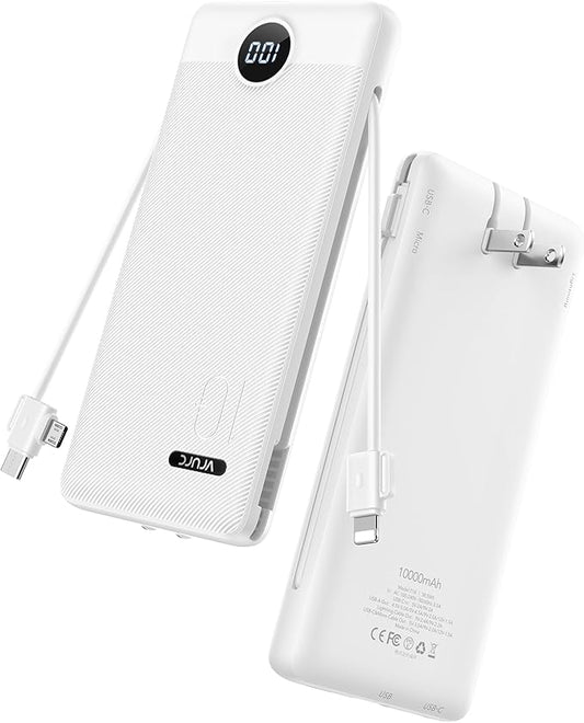 VRURC Portable Charger with Wall Plug, 10000mAh PD 20W Fast Charging Slim Portable Charger Built in Cables,Power Bank with Cords,USB C Portable Phone Charger Travel Accessories -White(1 Pack)