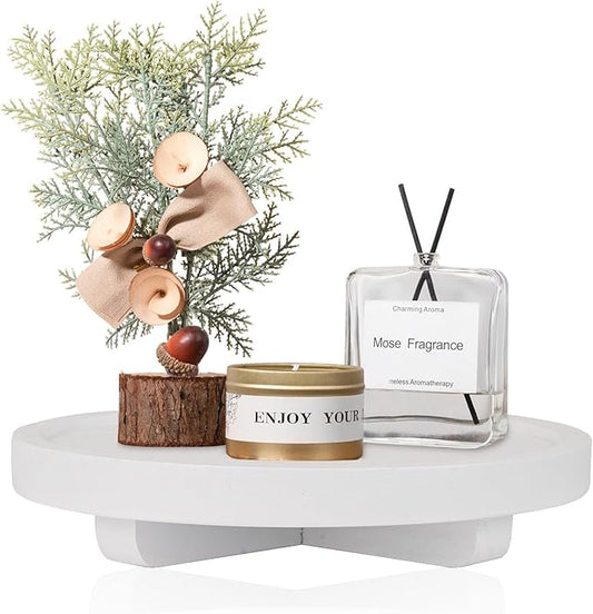 Round Decorative Tray Wood Bathroom Counter Organizer Farmhouse Kitchen Decor Wooden Riser for Soap Dish, Perfume, Candle, Sponge, 8" - White