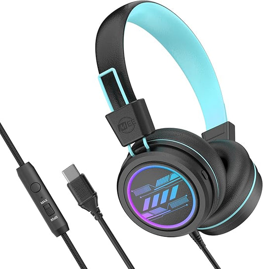 MEE audio KidJamz KJ55 Safe Listening USB-C Headphones for Children with Multicolor LED Lights, Volume Limiter, & Microphone; On-Ear Wired Kid Headset for iPhone 16, iPad, & USB Type C Devices (Black)