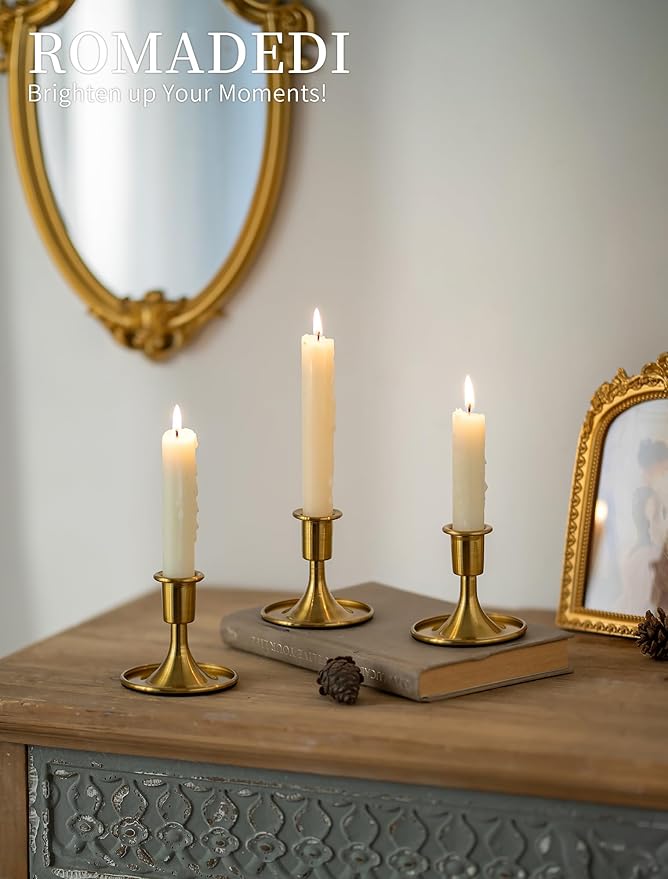 Romadedi Gold Candlestick Candle Holders - Brass Taper Holders Candle Stick for Wedding Table Centerpiece Festive Christmas Mantel Decoration Home Decor, Set of 12