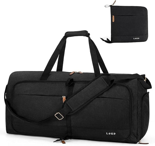 Lekesky Foldable Travel Duffle Bag for Women, 60L Large Duffel Bag with Separate Shoes Compartments & Straps, Carry On Weekend Bag for Women, Hospital, Overnight (Black)