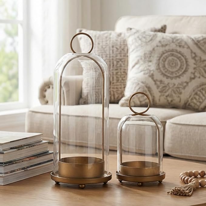 Metal Candle Holder with Handmade Glass Dome in Brass, 5" & 4" Wide Versatile Hurricane Glass Candle Holders Set of 2, for Pillar Candles & Plants (Brass)