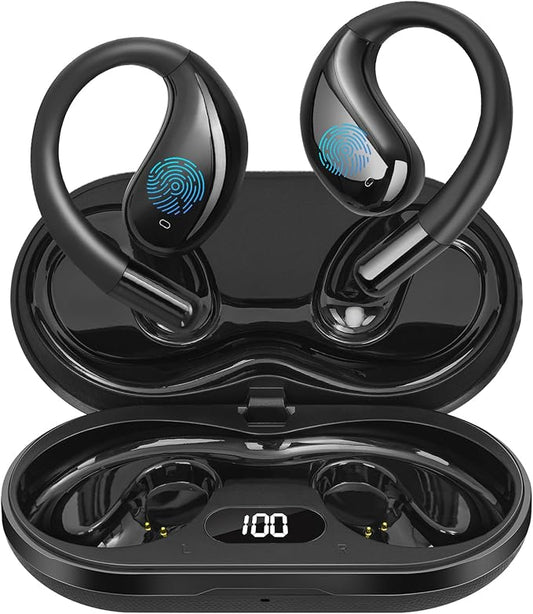 Open Ear Clip Wireless Earbuds Bone Conduction Headphones, Bluetooth 5.4, Open Ear Design for Running Fitness,Office，Built-in Mic, IPX7 Waterproof, LED Display Charging Case,Ear Hooks Ear Buds