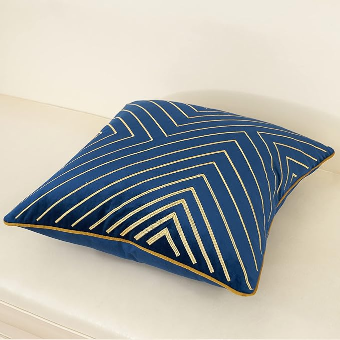 Avigers 18 x 18 Inch Navy Blue Gold Striped Geometric Lines Embroidery Velvet Cushion Case Luxury Modern Throw Pillow Cover Decorative Pillow for Couch Living Room Bedroom Car 45 x 45cm