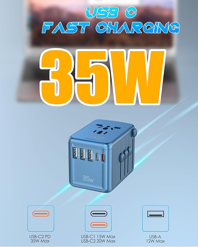 35W PD Universal Travel Adapter with 5 USB Ports and 2500W AC Outlets, PD Fast Charging International Plug Converter Travel Charger Multi Plugs All in One for EU US UK AUS 200+ Countries