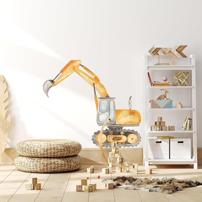 Construction Excavator Wall Decal for Boys Room, Construction Eqipment Peel Stick Removable Fabric Wall Sticker, Nursery or Playroom Decor, Repositionable (36 inch: 32" Tall x 36" Wide)