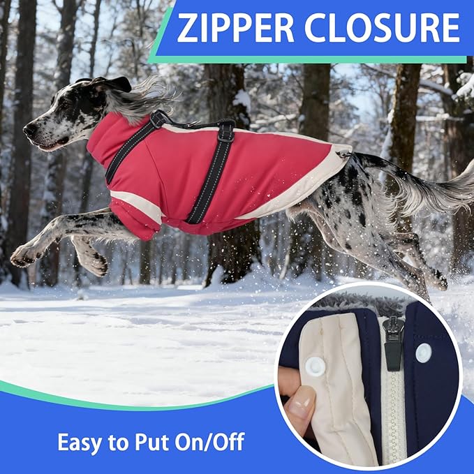 MIGOHI Rainproof Dog Winter Jacket with Harness,XXL Large Fleece Dog Coat with Sleeves,Adjustable Pet Puffer Jacket Snowsuit Cold Weather Coats for Golden Labrador Retriever,XXL,Pink