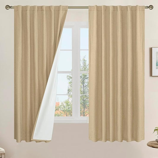 LAMIT Natural 100% Blackout Linen Curtains, 63 Inches Linen Textured Thermal Bedroom Curtains Back Tab and Rod Pocket Burlap Panels with White Liner for Farmhouse, 2 Panels, 52 x 63 Inch, Burlap