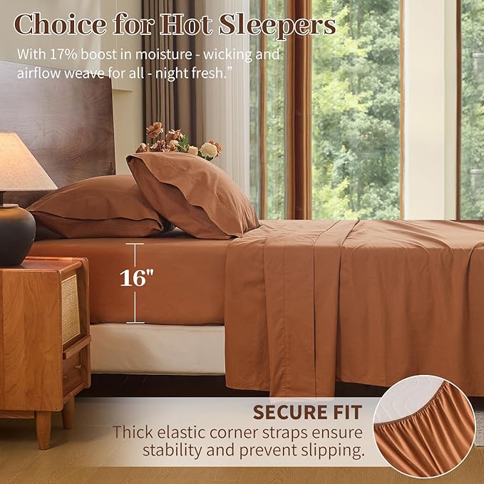 MEISHANG 100% French Pure Linen Sheets Queen Size - Bed Sheets 4 Piece Sets, Soft Durable Flax Linen, Anti-Tear Breathable Oeko-Tex Certified with 16" Deep Pocket (Brown)