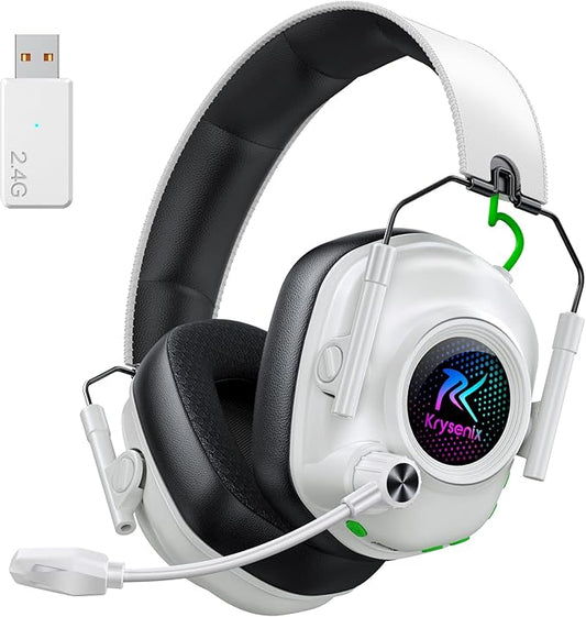 Wireless Gaming Headset with Noise Canceling Microphone for PC, PS5, PS4, Switch, Mac，2.4 GHz Wireless & Bluetooth 5.4 Gaming Headphones, Cool RGB Lighting, 40Hr Battery, 50mm Drivers(Pure White)