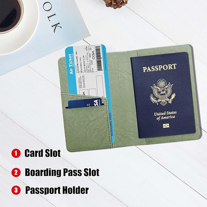 Cnycmy Passport Holder–Slim Travel Organizer for Passport, RFID Blocking,Boarding Pass, Credit Cards | Vegan Leather & Anti-Theft Design (Moss Green5)