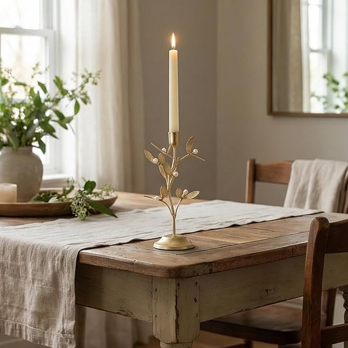 Candle Stick Holder Table Decor - Elegant Golden Metal Mistletoe Candle Holder Decorative for Coffee Gold for Living Room Symbol of Love and Life Flower Gifts 4.6 x 4.6 x 10 Inch Guichifun