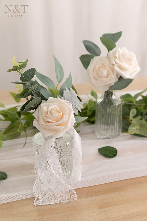 N&T NIETING Artificial Flowers, 25Pcs Fake Rose Flowers Roses for DIY Wedding Bouquets Centerpieces Bridal Shower Party Home Flower Arrangement Decorations, Series Blush Pink
