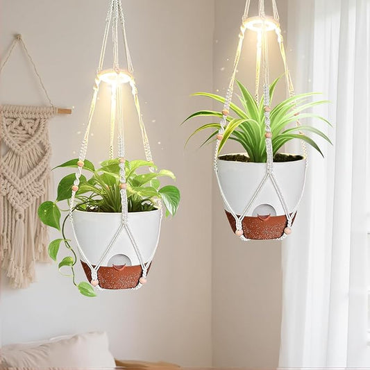 Hanging Planters for Indoor Plants: 2 Pack Macrame Plant Hangers with Grow Lights and Self-Watering Pots, 10 Inch Large Hanging Pots with Drainage Holes & Removable Tray