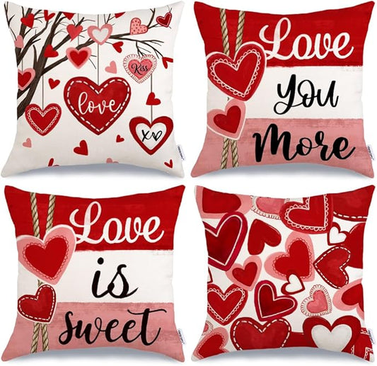 GEEORY Valentine's Day Throw Pillow Covers 20x20 Inch Set of 4, Valentines Red Hearts Love You More Decorative Farmhouse Holiday Cushion Case for Home Decoration G443-20