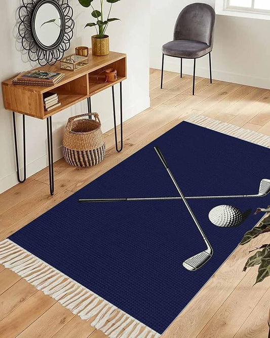 Navy Blue Runner Rug 3X5 Ft Bedroom Area Rug, Washable Woven Sports Golf Ball Throw Carpet with Tassel, Non-Shedding Modern Minimalist Art Dining Room Living Room Carpets
