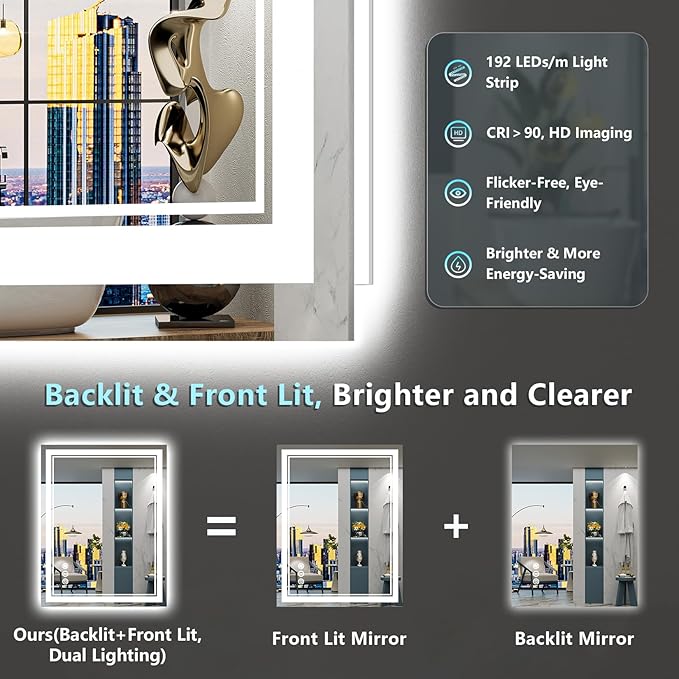 24x30 LED Bathroom Mirror with Lights, Backlit & Front Lit, Anti-Fog Lighted Vanity Mirror for Bathroom Wall, 3 Colors, Dimmable, Memory, HD Tempered Glass, Shatter-Proof, Horizontal/Vertical